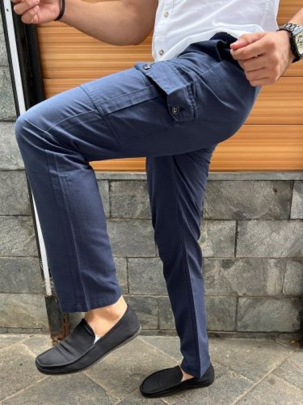 Elastic Waist Linen Blue Cargo Pants