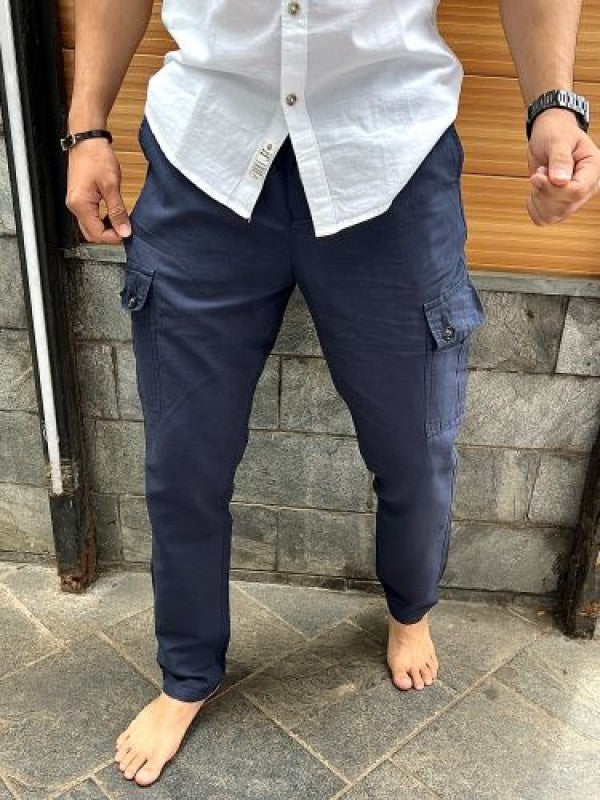 Elastic Waist Linen Blue Cargo Pants