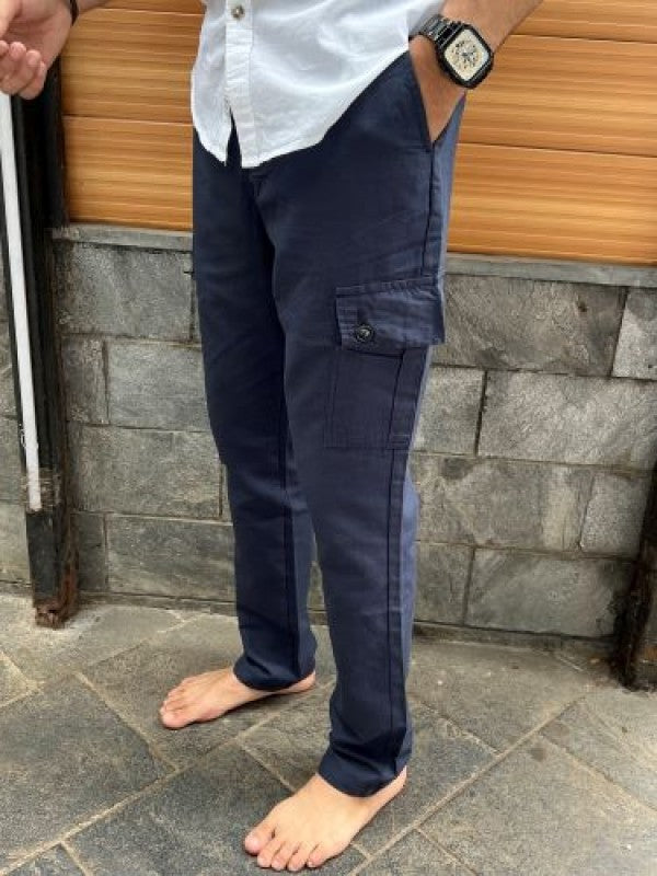 Elastic Waist Linen Blue Cargo Pants
