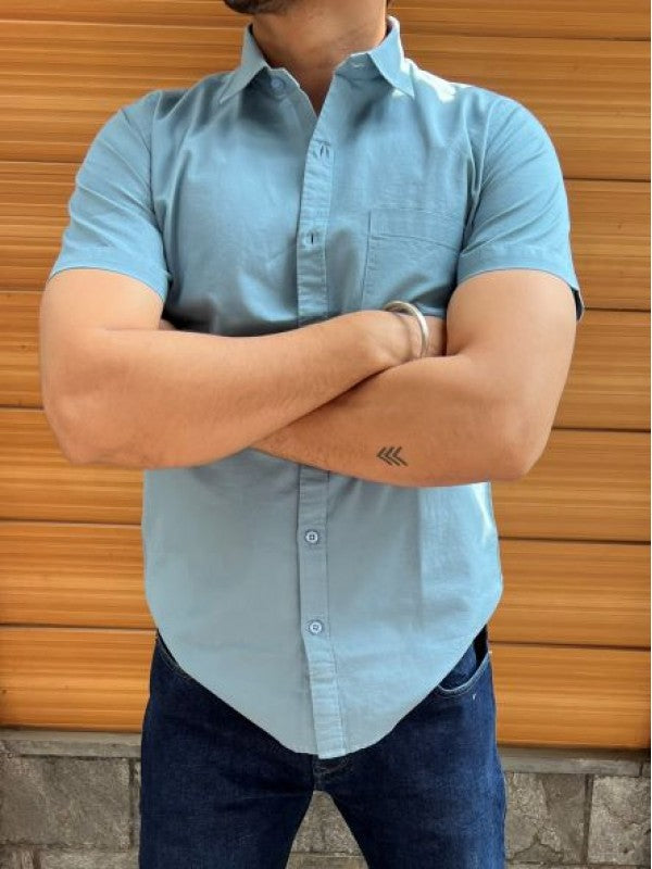 Linen Slub Half Blue Shirt