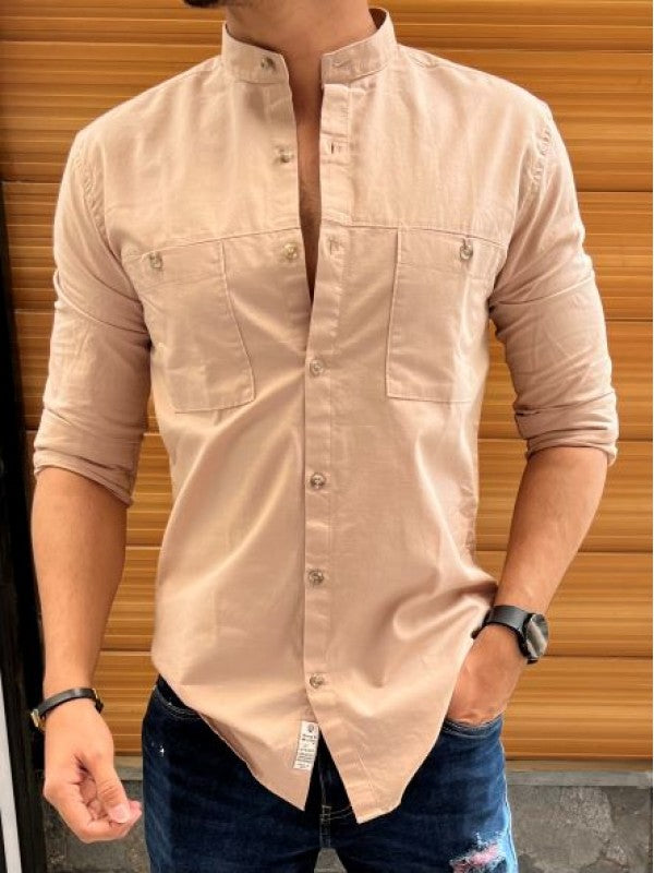 Mandarin Cargo Cream Linen Slub Shirt