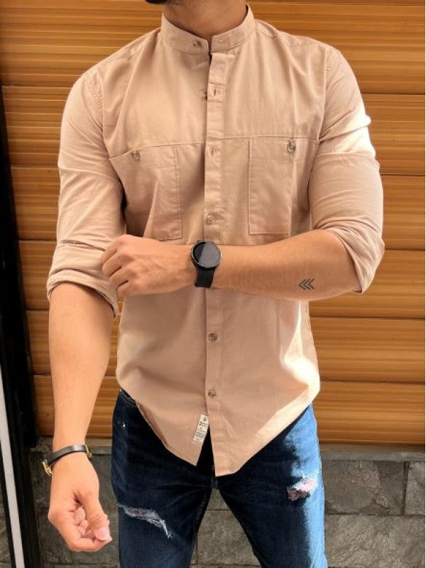 Mandarin Cargo Cream Linen Slub Shirt