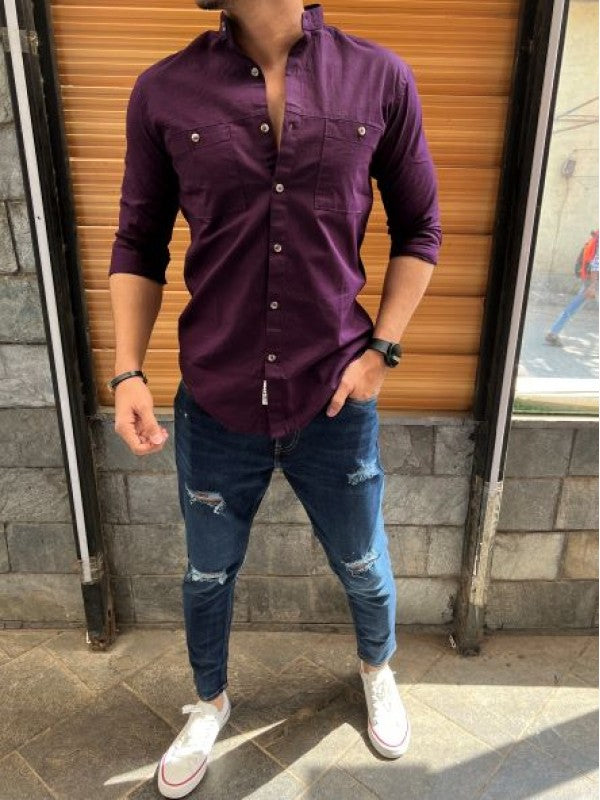 Mandarin Cargo Purple Linen Slub Shirt