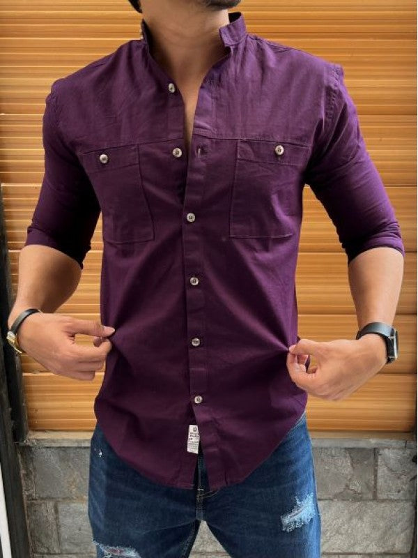 Mandarin Cargo Purple Linen Slub Shirt