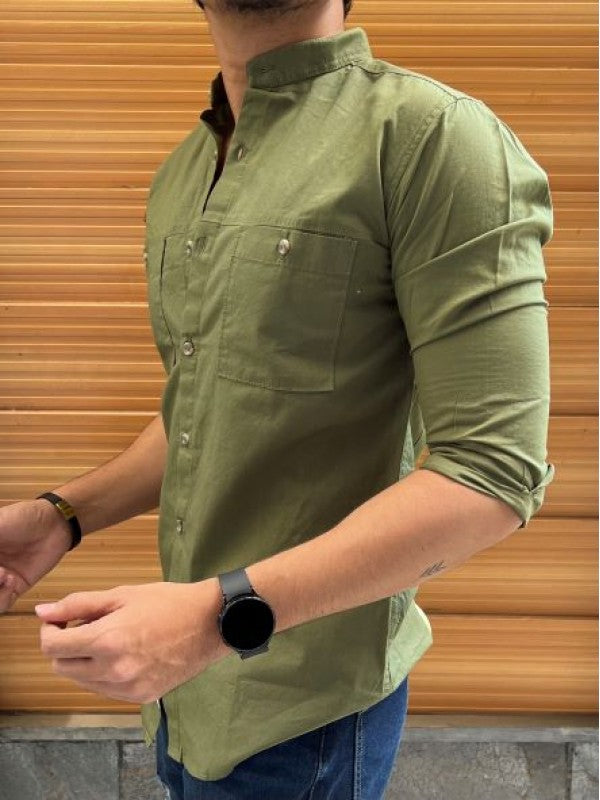 Mandarin Cargo Olive Linen Slub Shirt