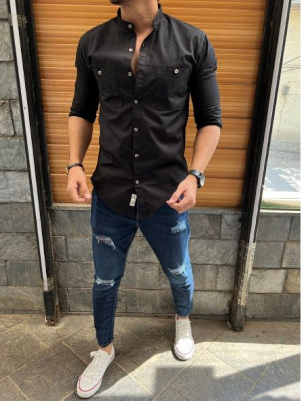 Mandarin Cargo Black Linen Slub Shirt