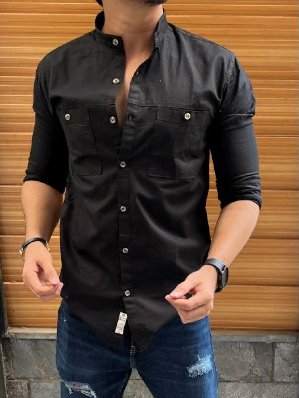 Mandarin Cargo Black Linen Slub Shirt