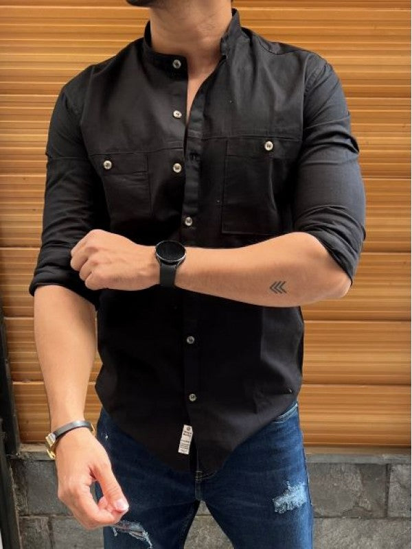Mandarin Cargo Black Linen Slub Shirt