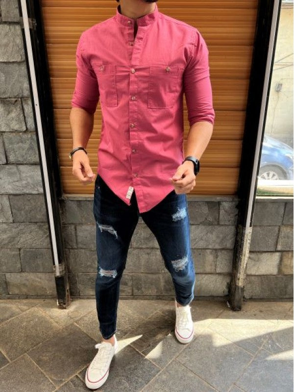 Mandarin Cargo Pink Linen Slub Shirt