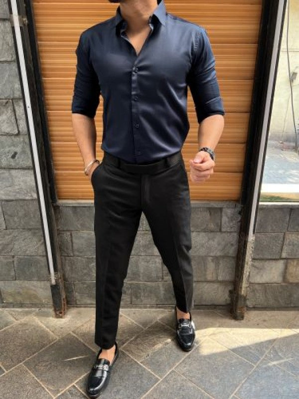 Stretchable Cotton Satin Navy Fullsleeve Shirt