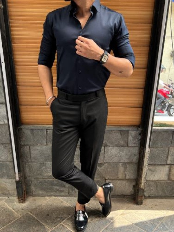 Stretchable Cotton Satin Navy Fullsleeve Shirt