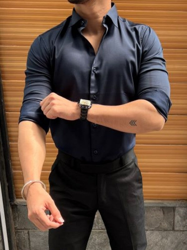 Stretchable Cotton Satin Navy Fullsleeve Shirt