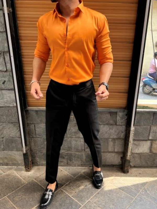Stretchable Cotton Satin Orange Fullsleeve Shirt