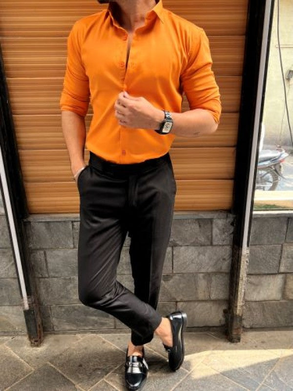 Stretchable Cotton Satin Orange Fullsleeve Shirt
