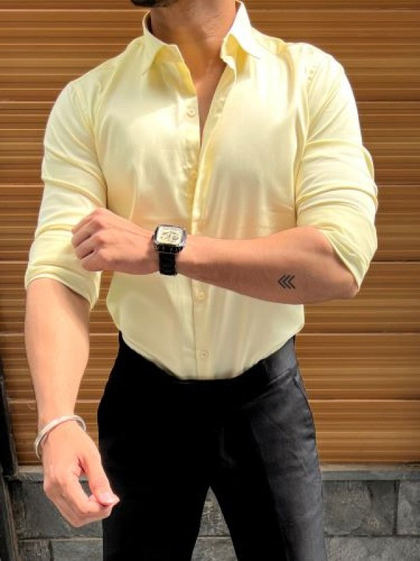 Stretchable Cotton Satin Yellow Fullsleeve Shirt