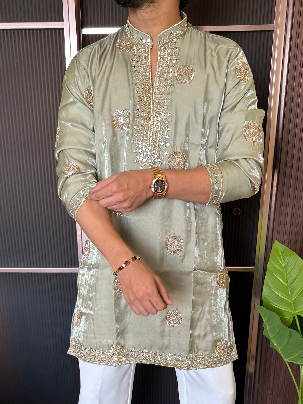 Premium Satin Handwork Pista Kurta