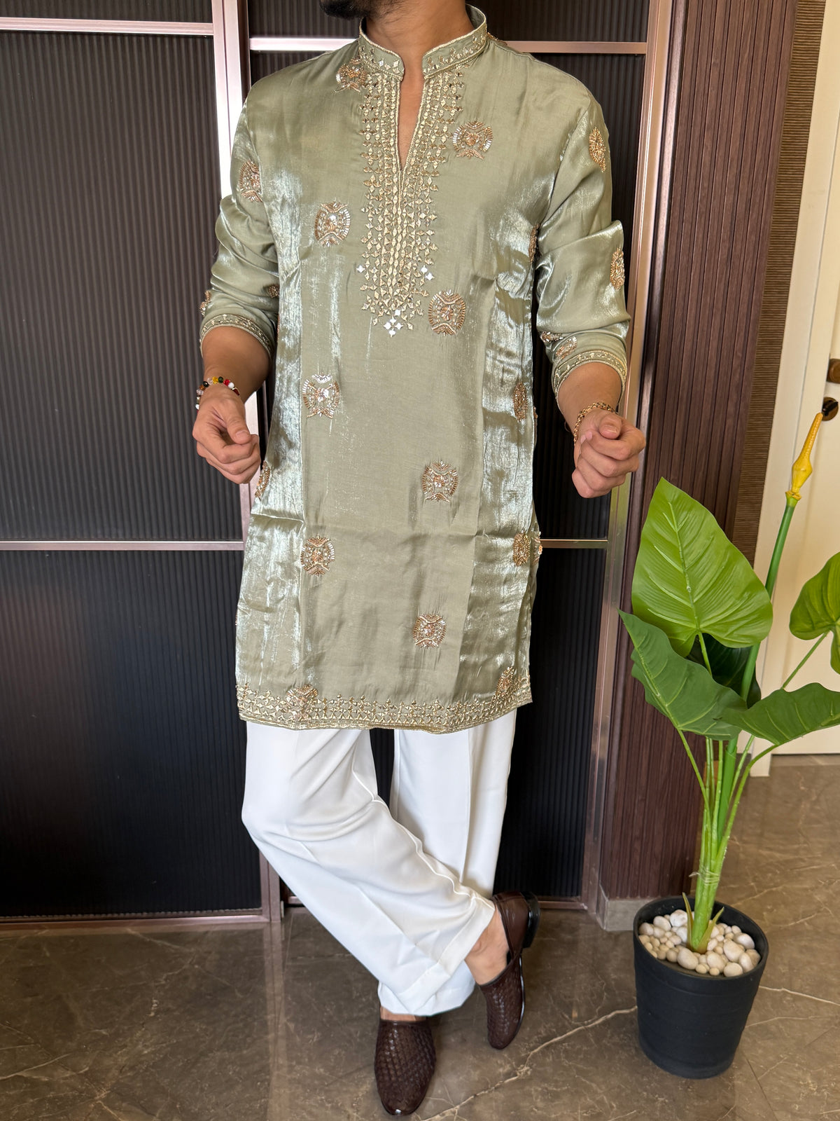 Premium Satin Handwork Pista Kurta