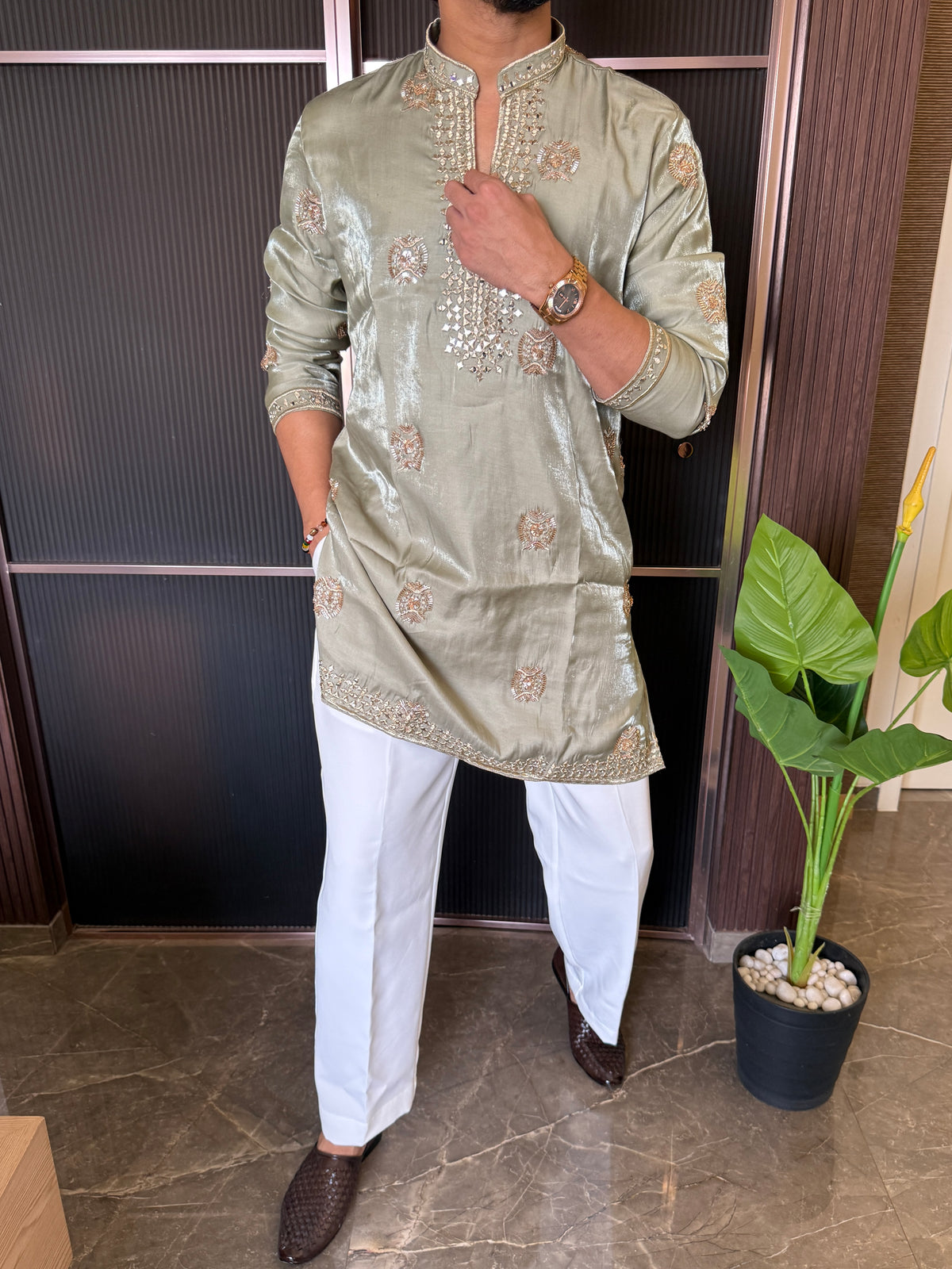 Premium Satin Handwork Pista Kurta