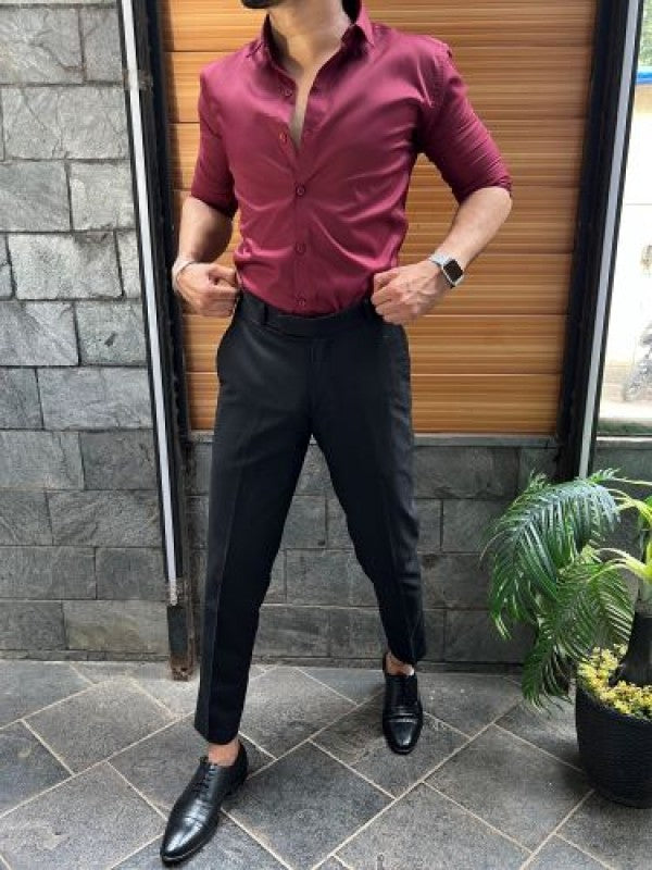Pure Satin Maroon Fullsleeves  Shirt