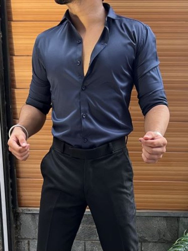 Pure Satin Navy Fullsleeves  Shirt