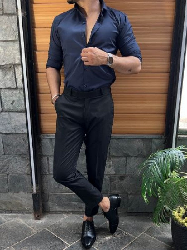 Pure Satin Navy Fullsleeves  Shirt