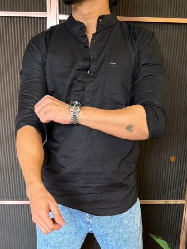 Slub Linen  Black Short Kurta