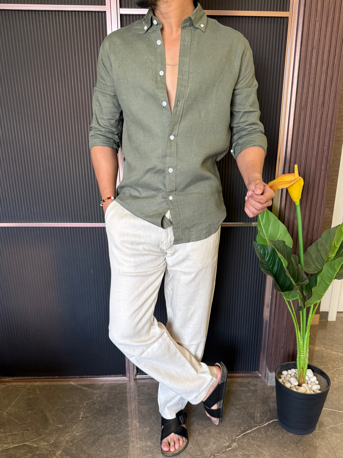 A Pure linen Olive Full Shirt