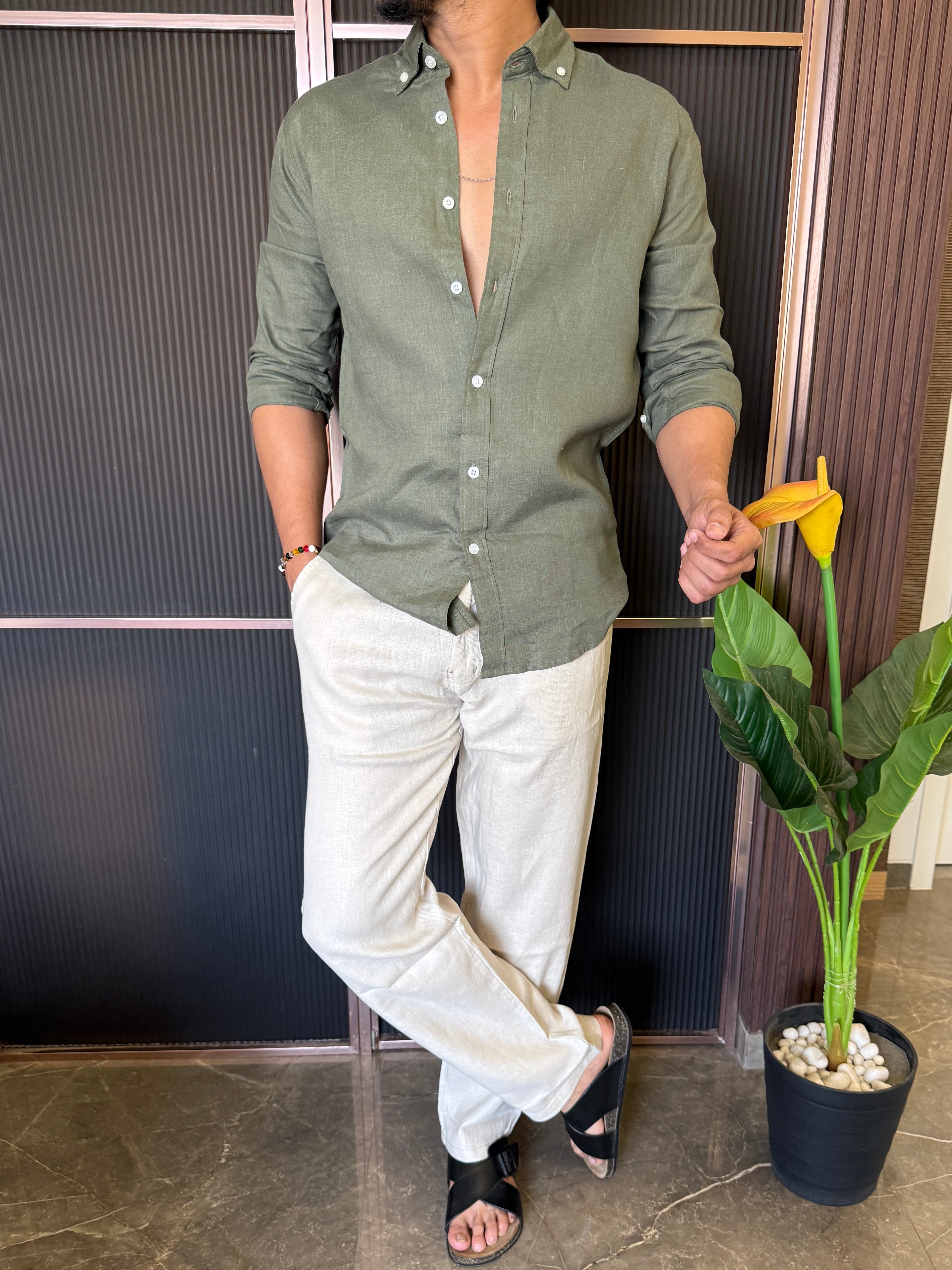A Pure linen Olive Full Shirt