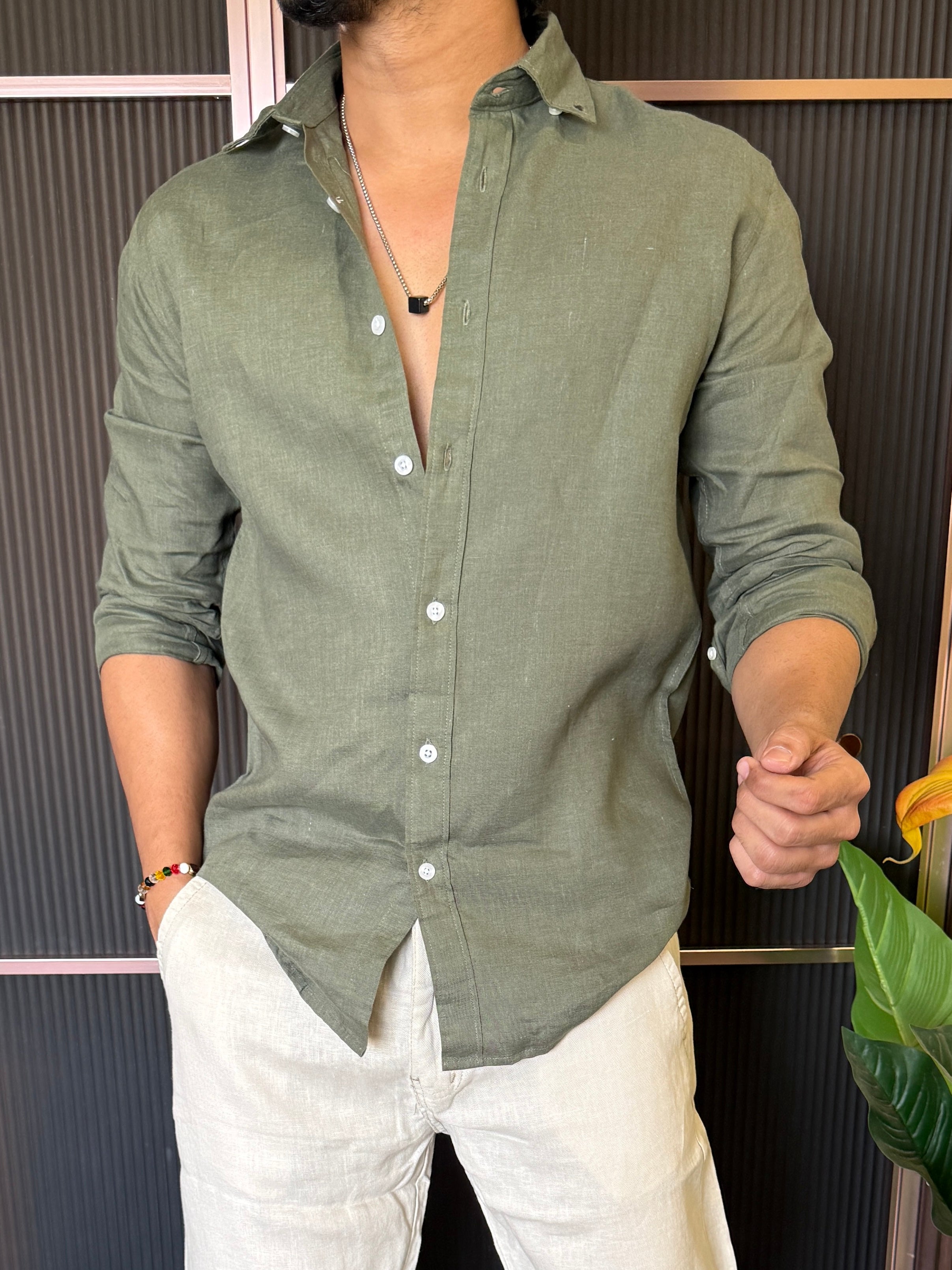 A Pure linen Olive Full Shirt