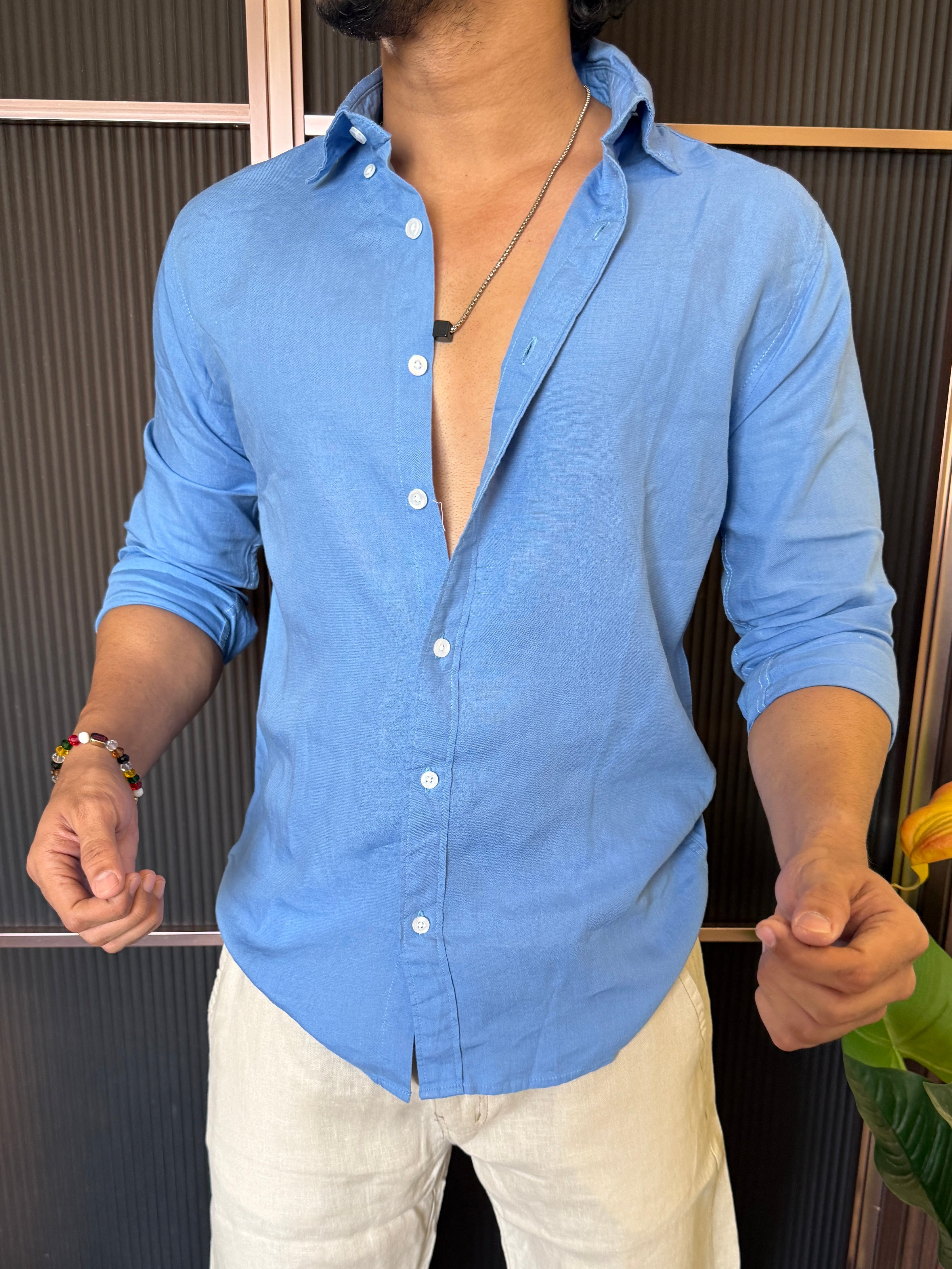 A Pure linen Blue Full Shirt