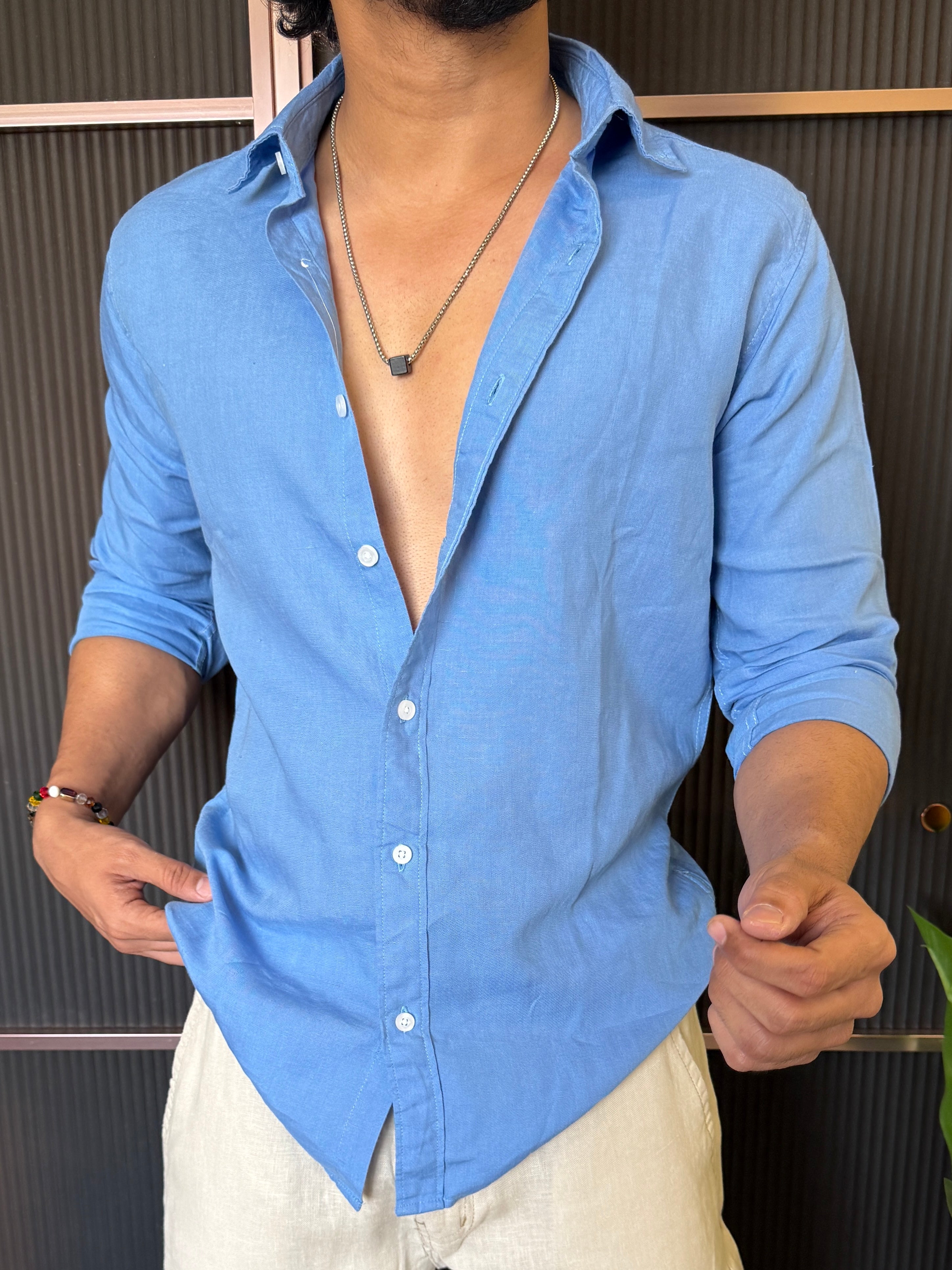 A Pure linen Blue Full Shirt