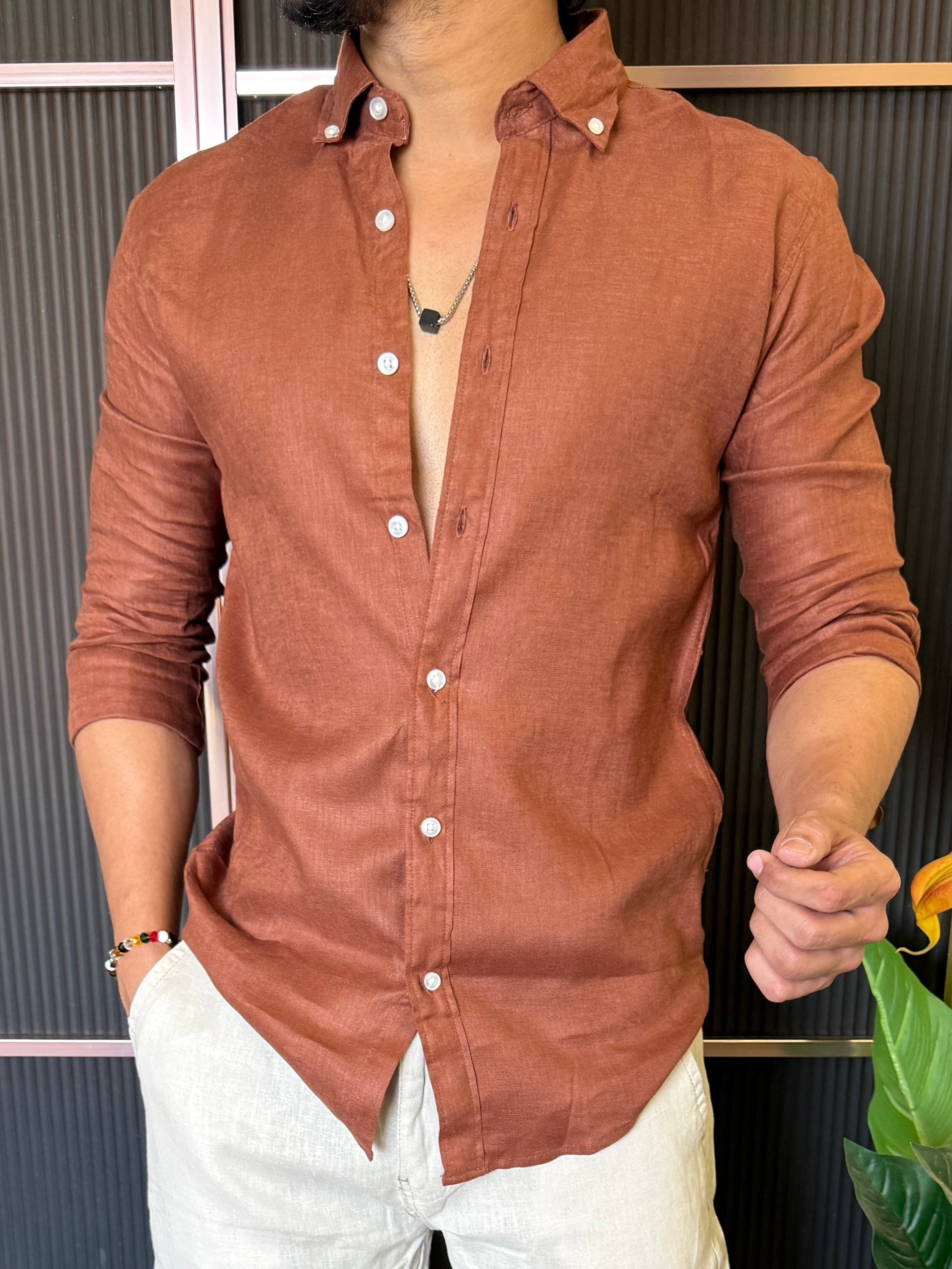 A Pure linen Rust Full Shirt