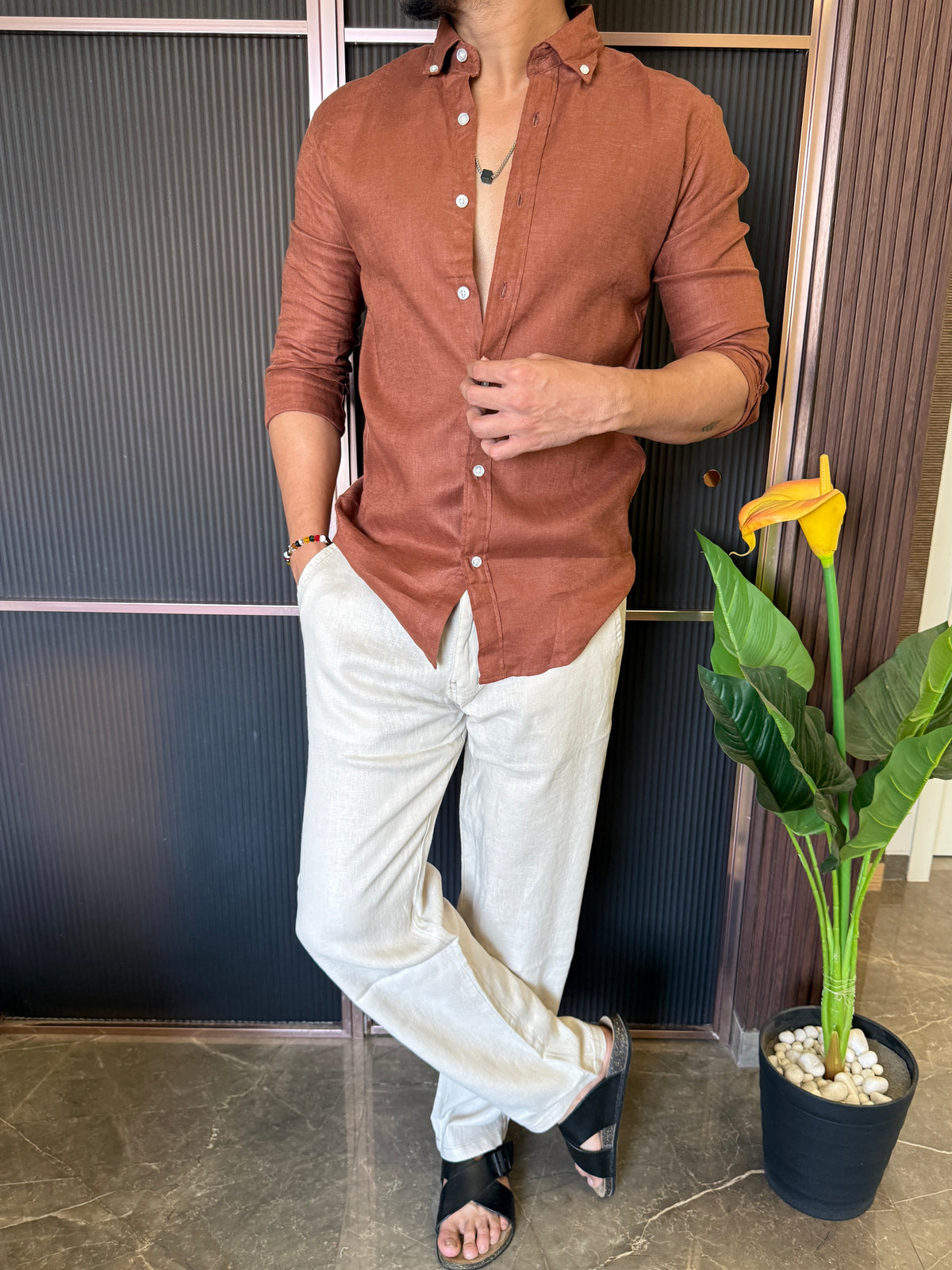 A Pure linen Rust Full Shirt