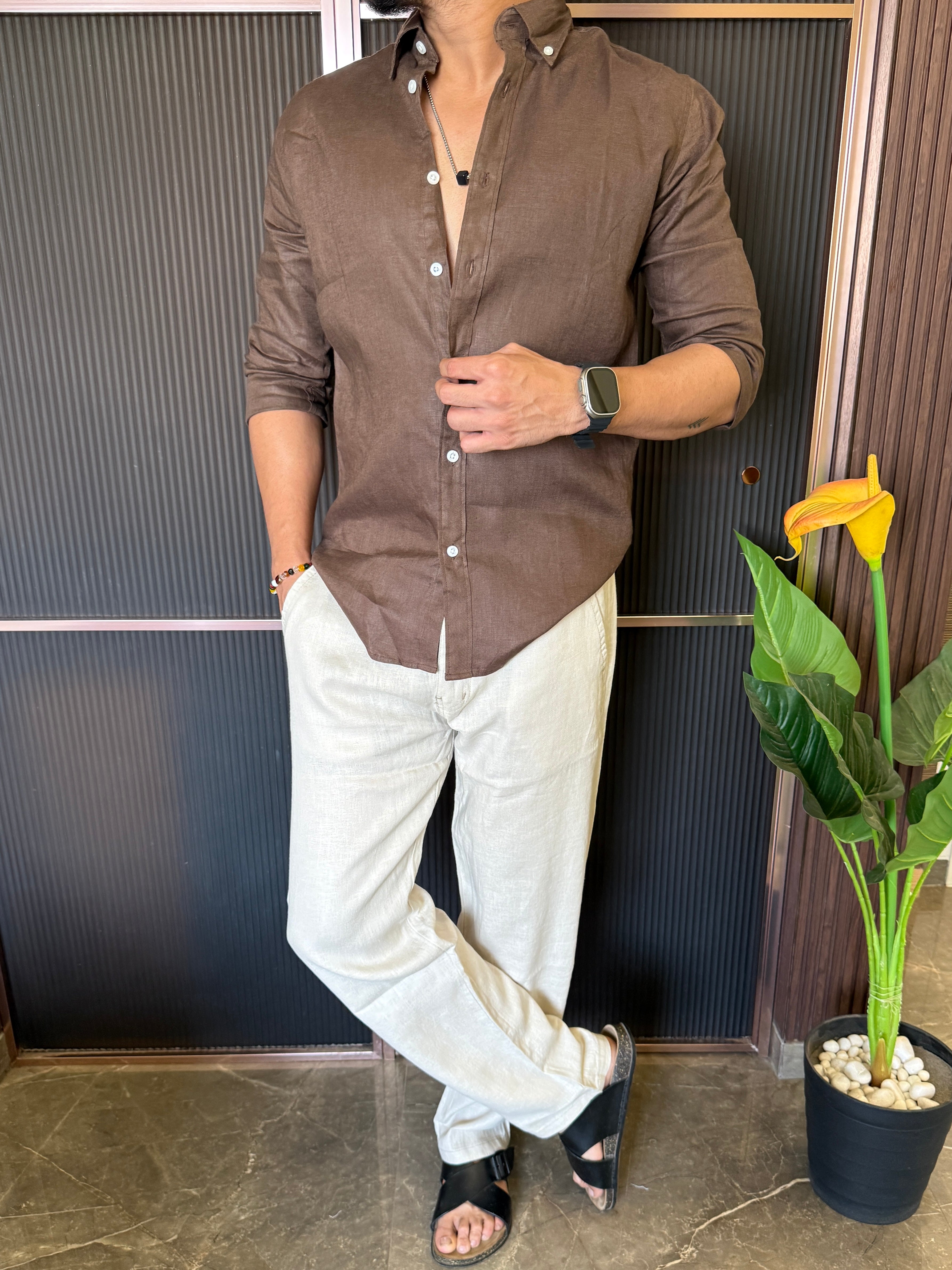 A Pure linen Brown Full Shirt