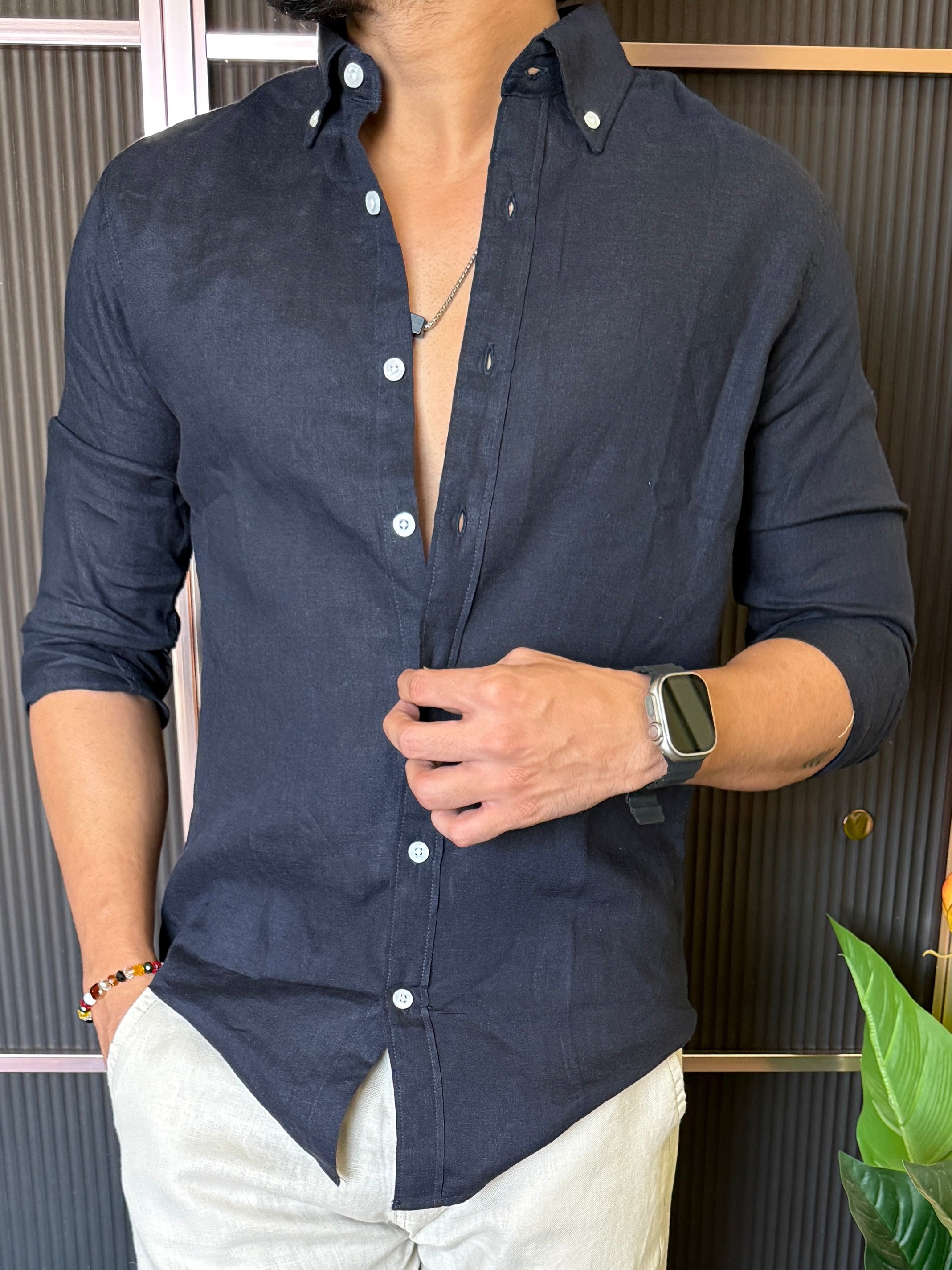 A Pure linen Navy Full Shirt