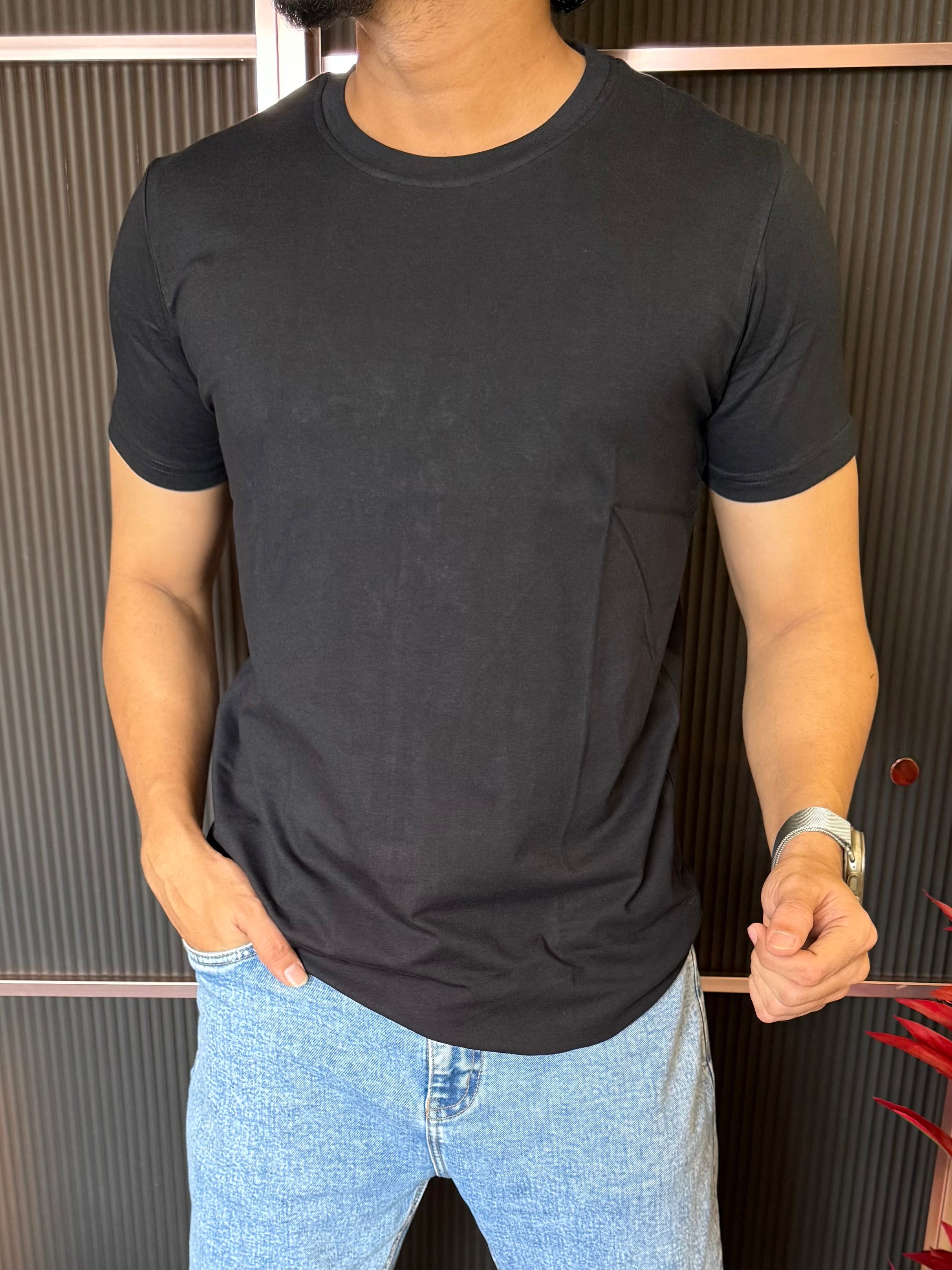 Cotton Lycra Black Half T Shirt