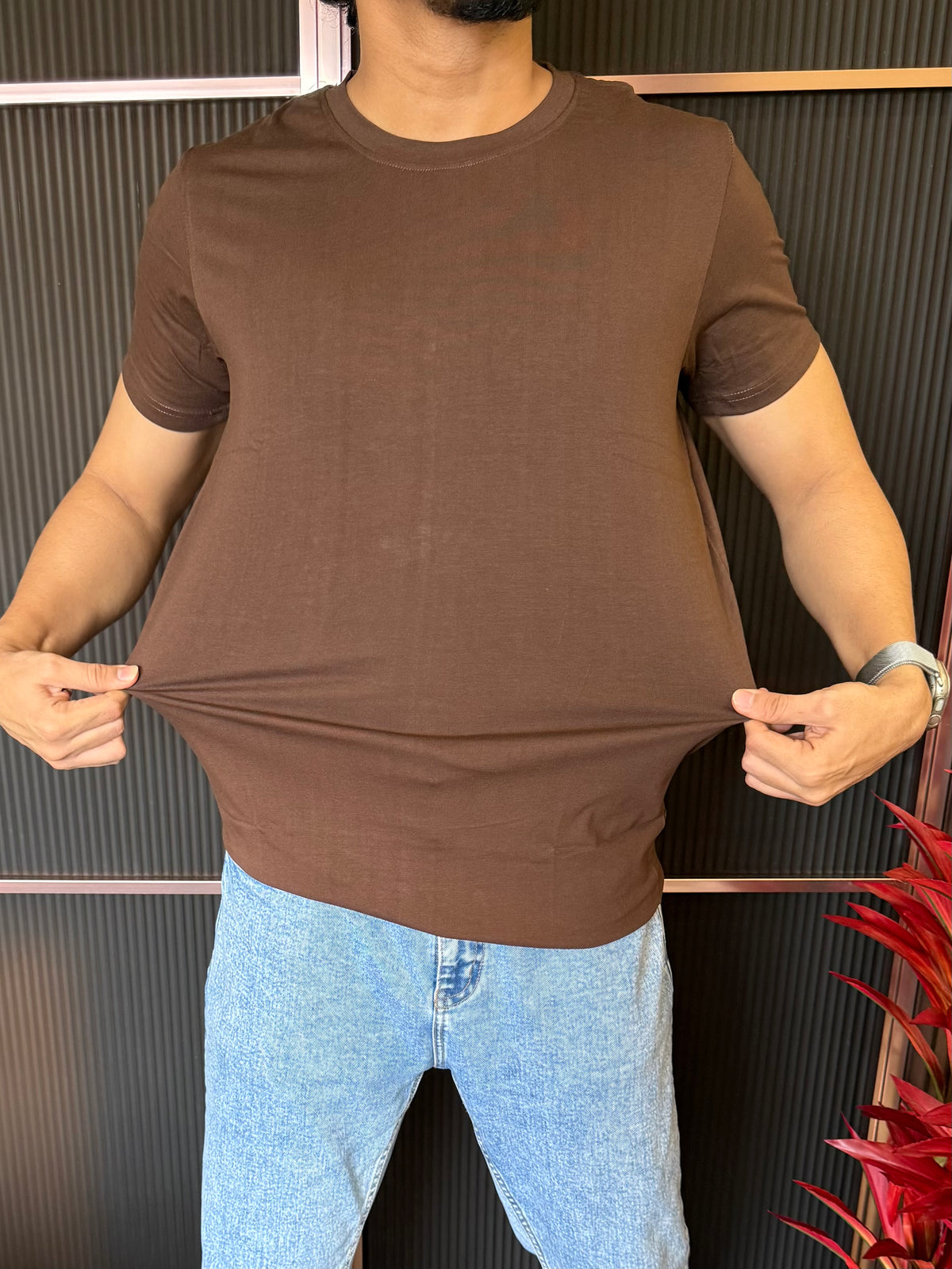 Cotton Lycra Dark Brown Half T Shirt