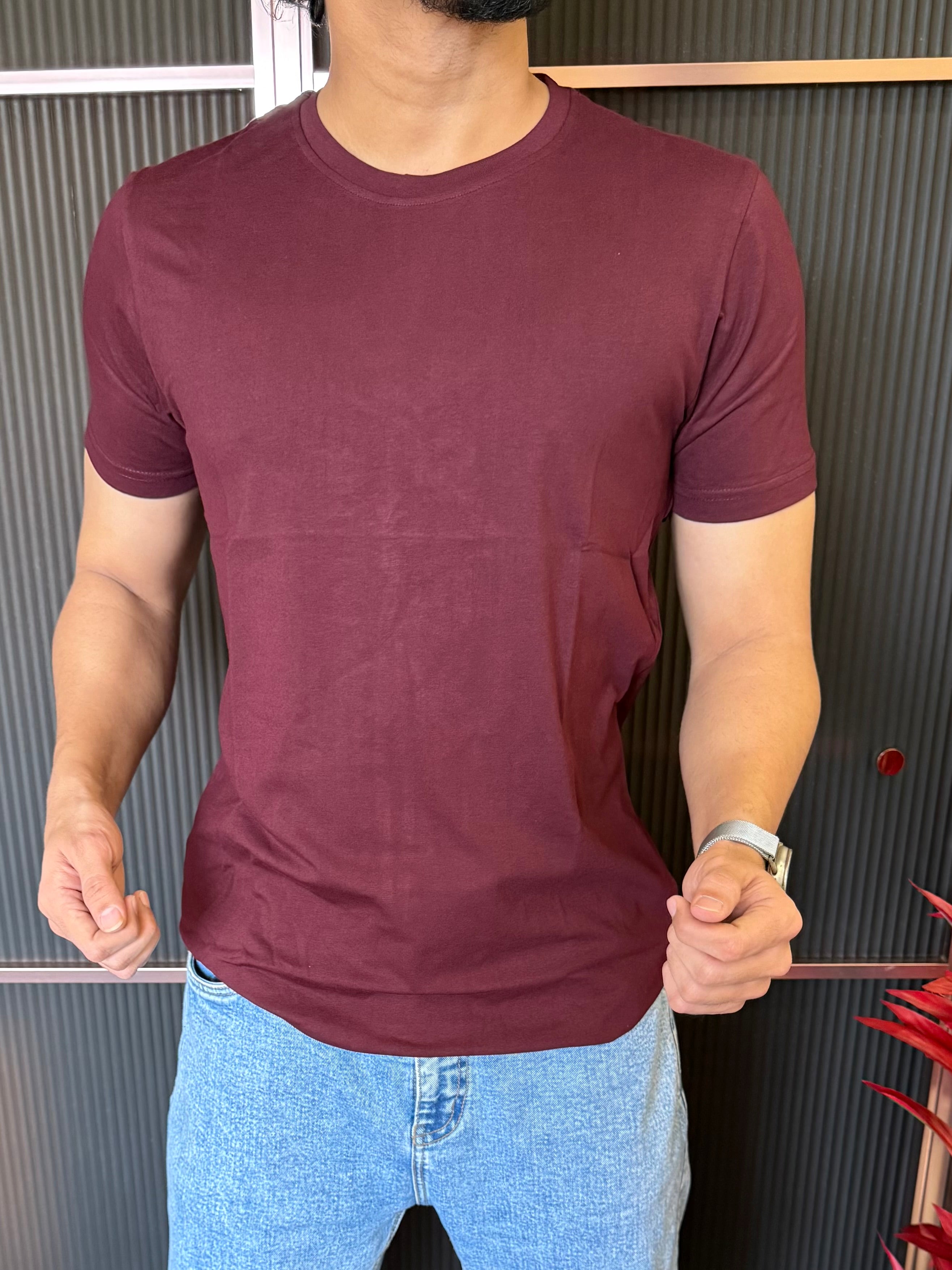 Cotton Lycra Wine Half T Shirt