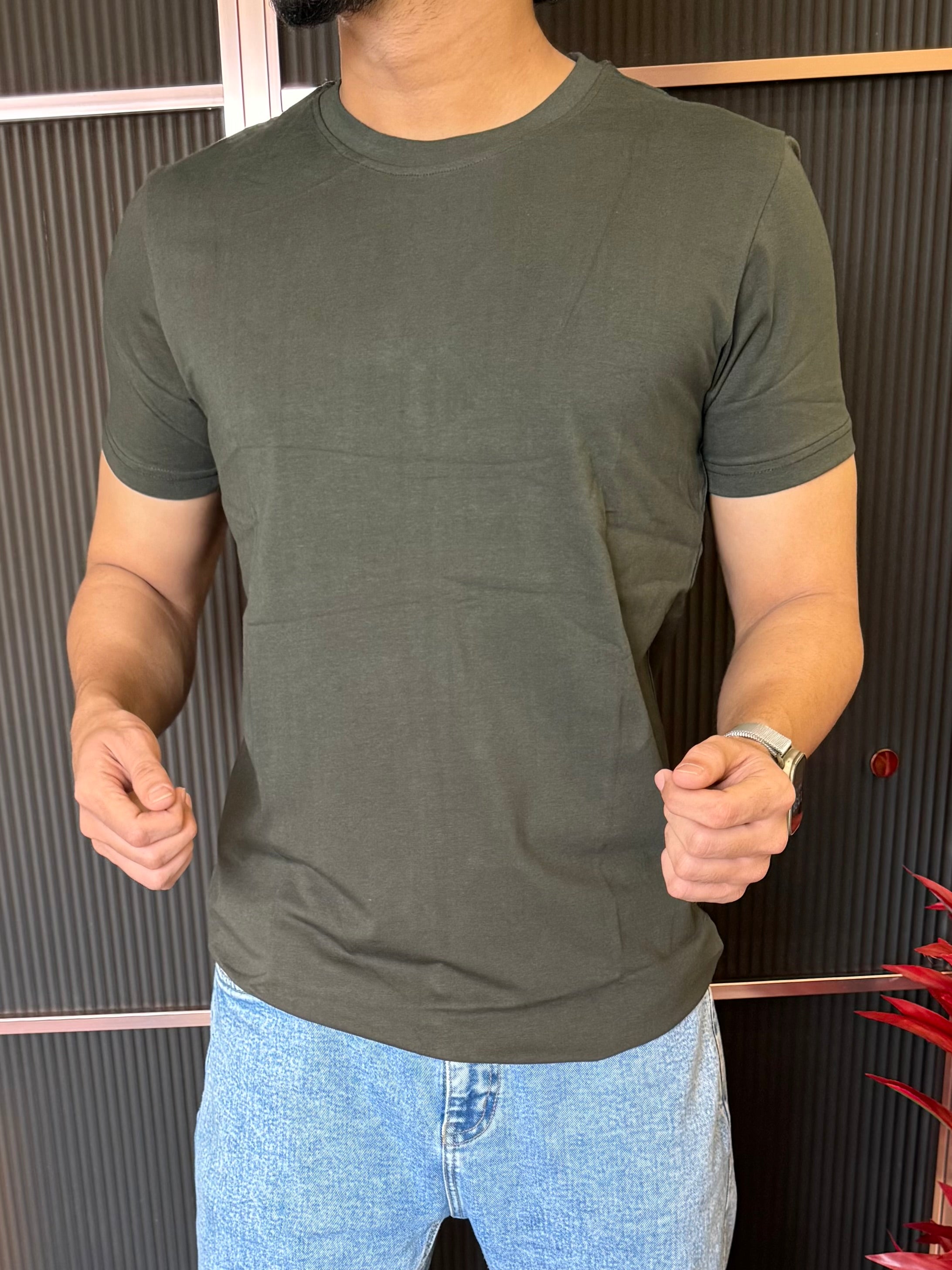 Cotton Lycra Olive Half T Shirt