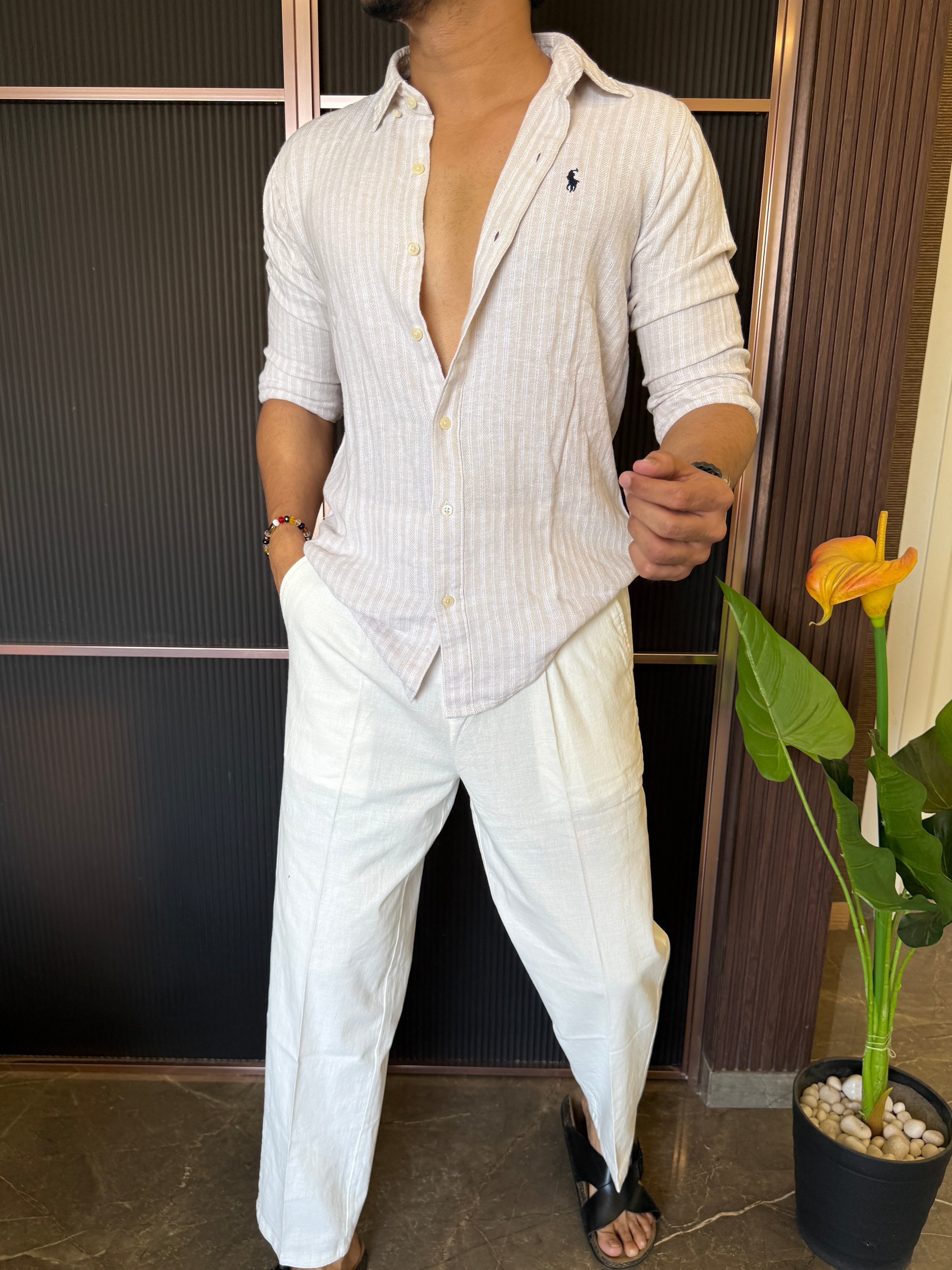 A Pure linen Striper Cream Full Sleeve Shirt
