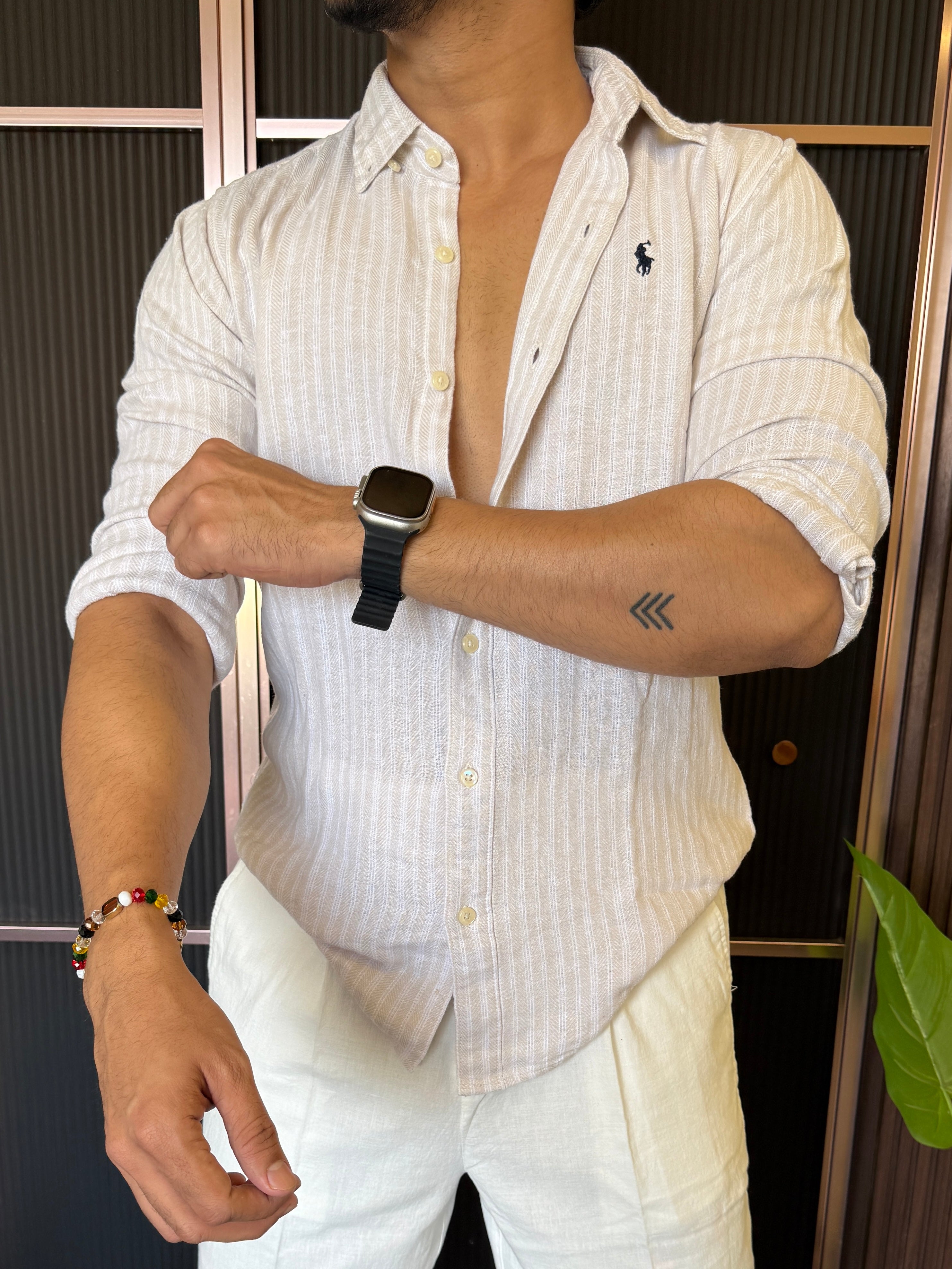 A Pure linen Striper Cream Full Sleeve Shirt