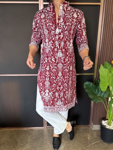 Premium Embroidery Maroon Kurta