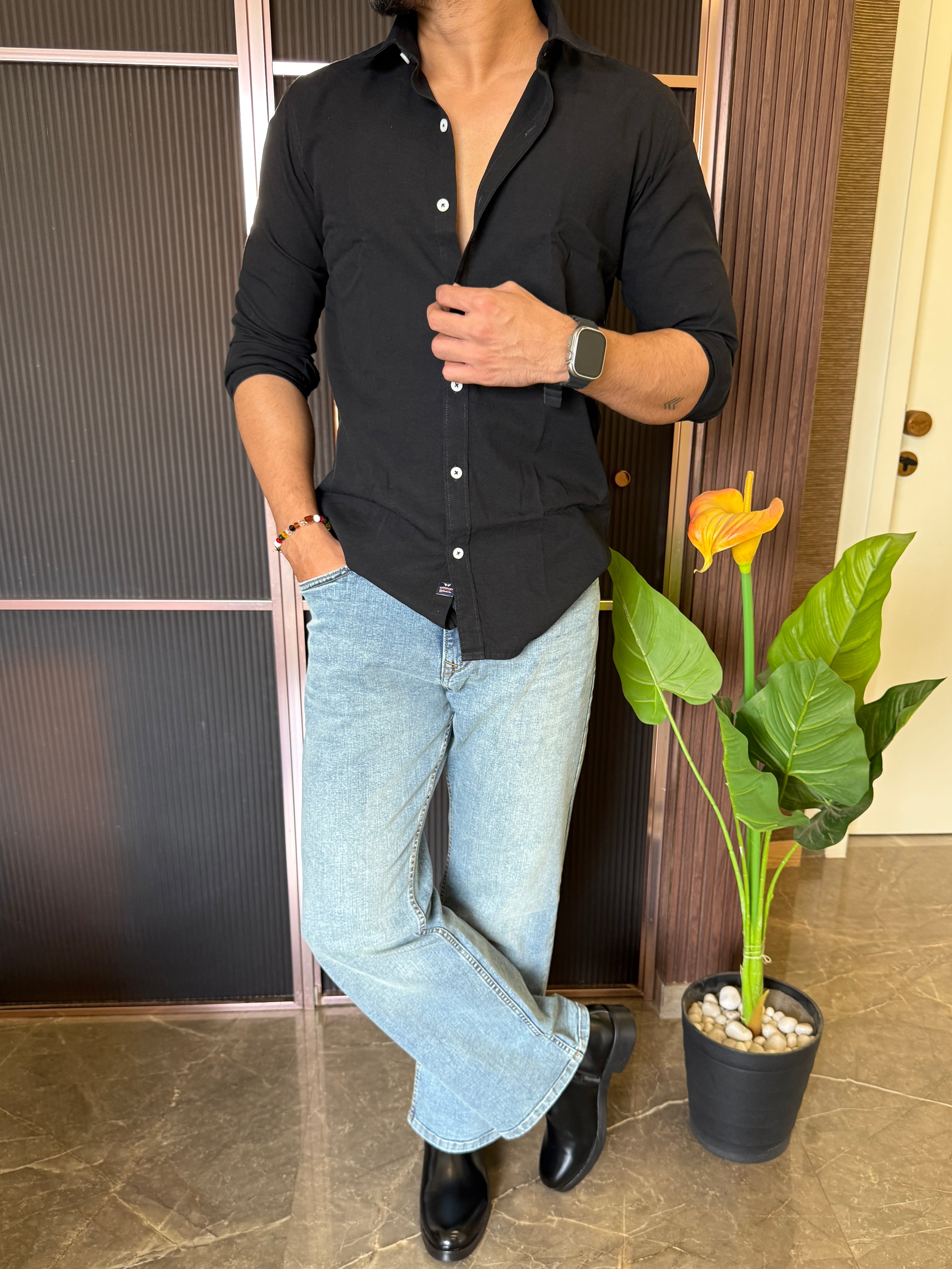Oxford Linen Black Fullsleeve Shirt