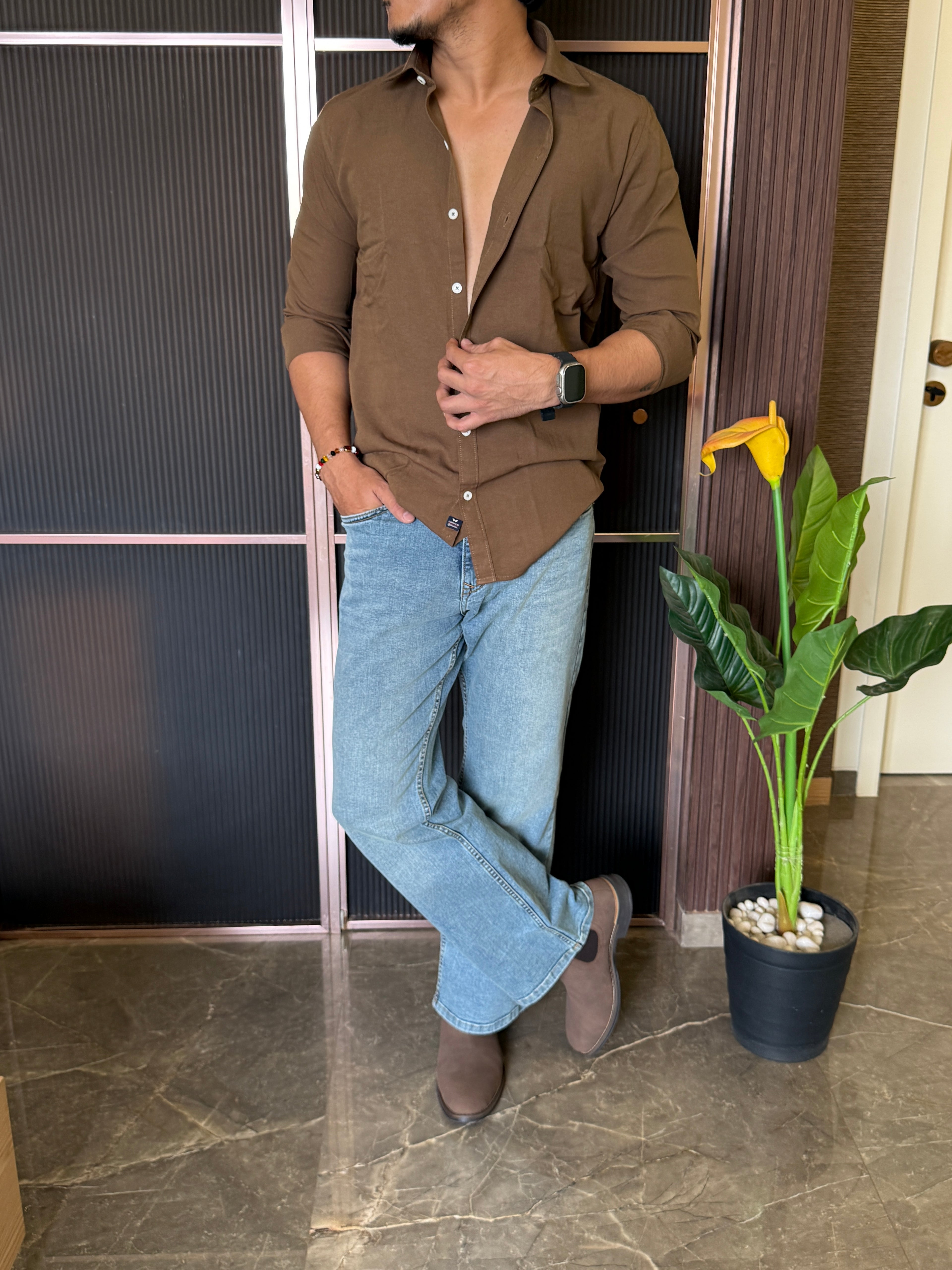 Oxford Linen Brown Fullsleeve Shirt