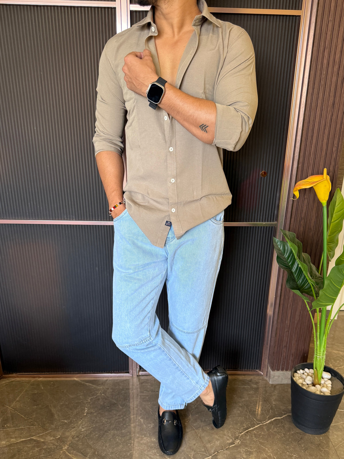 Oxford Linen Beige Fullsleeve Shirt