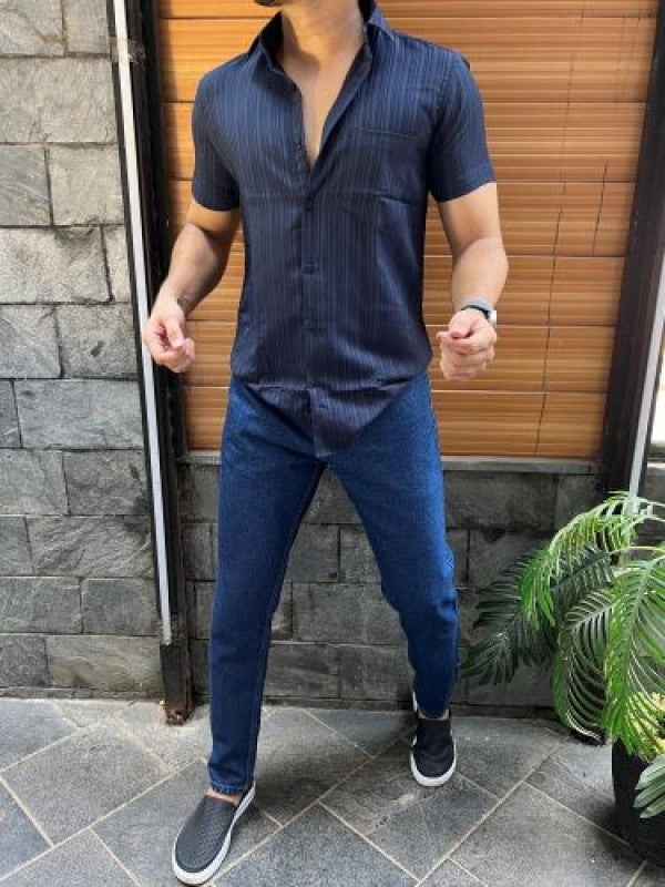 Imported Texture Navy Half sleeves Shirt