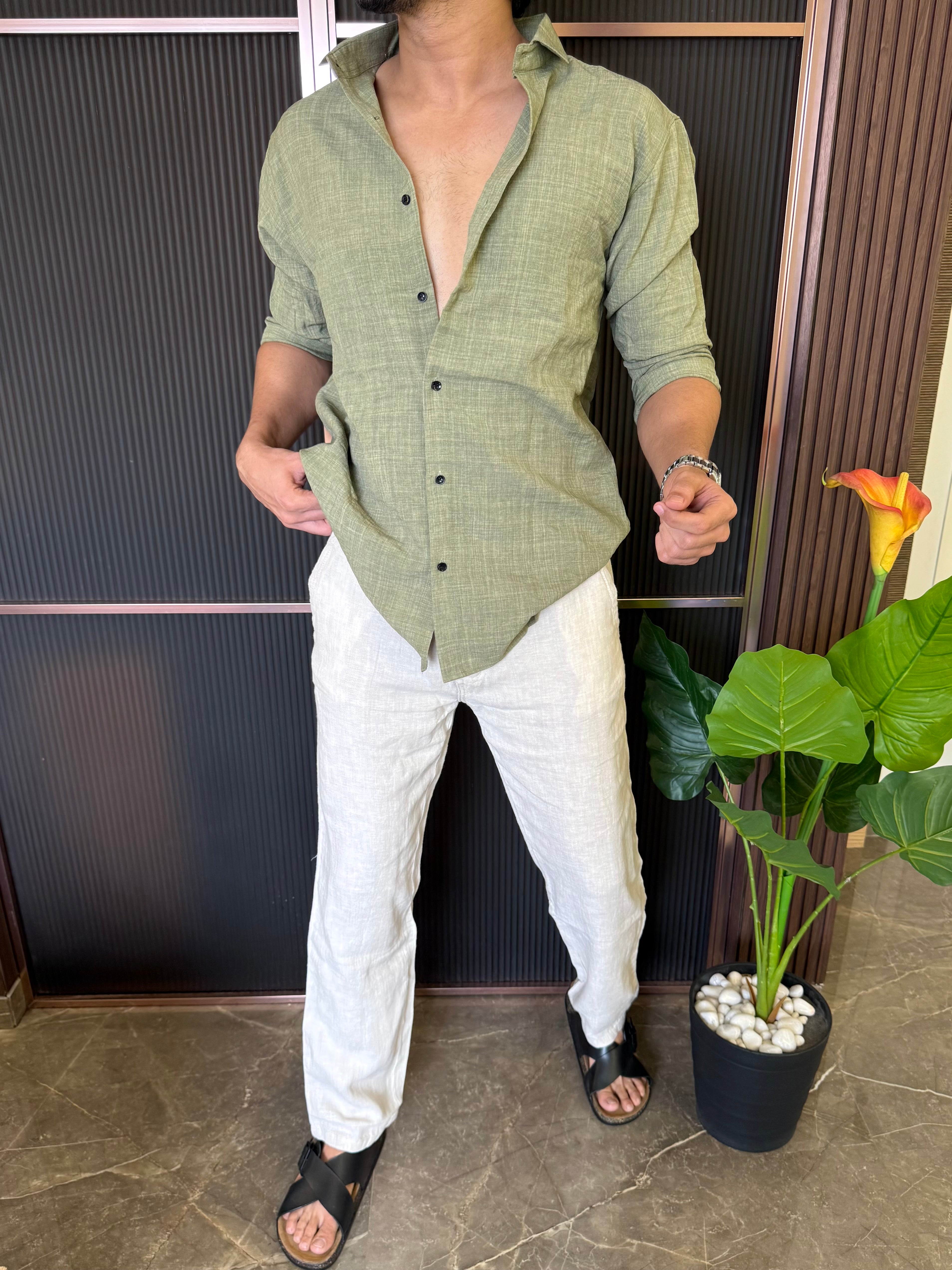 Soft linen Green Full Shirt