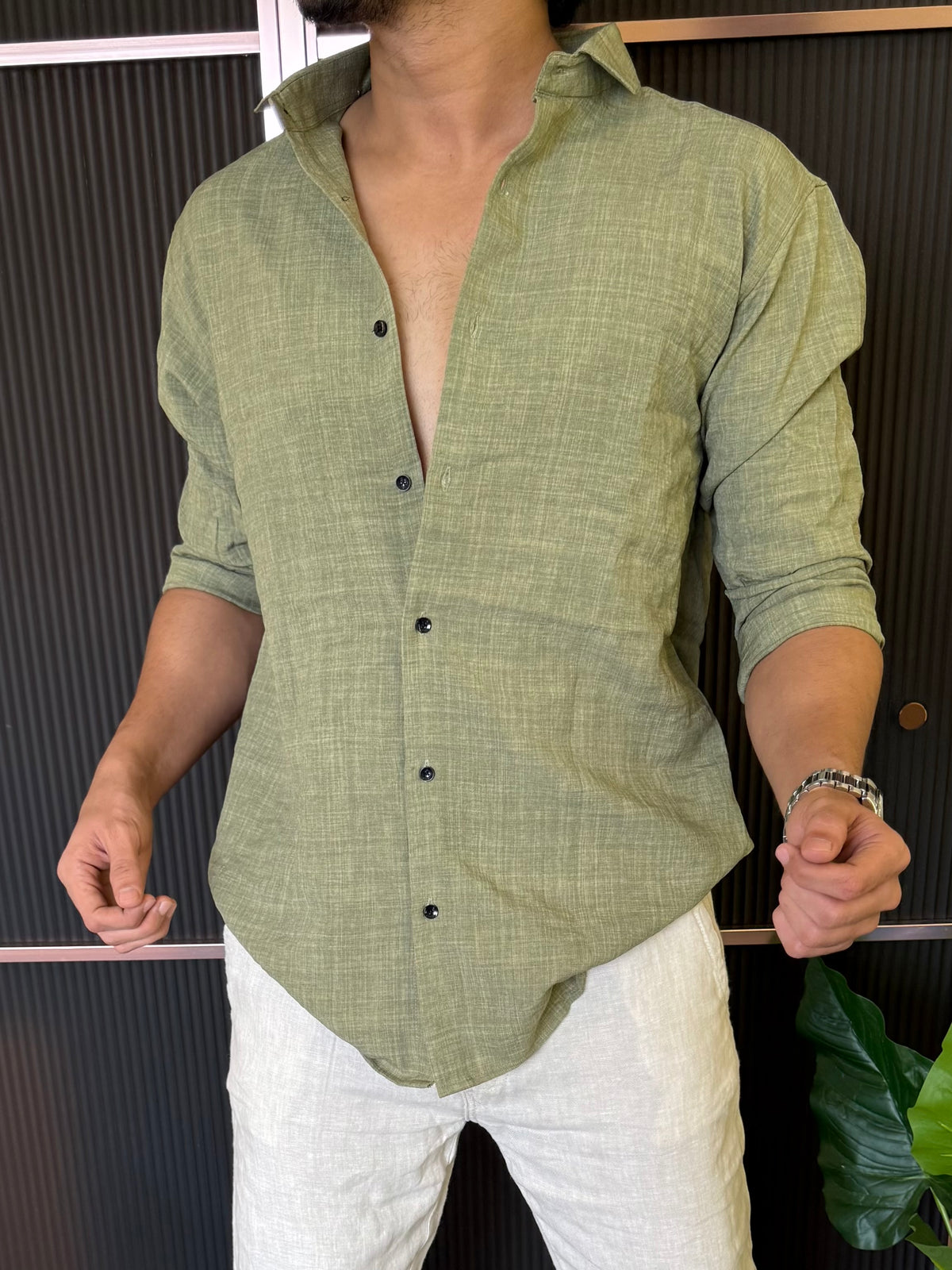 Soft linen Green Full Shirt