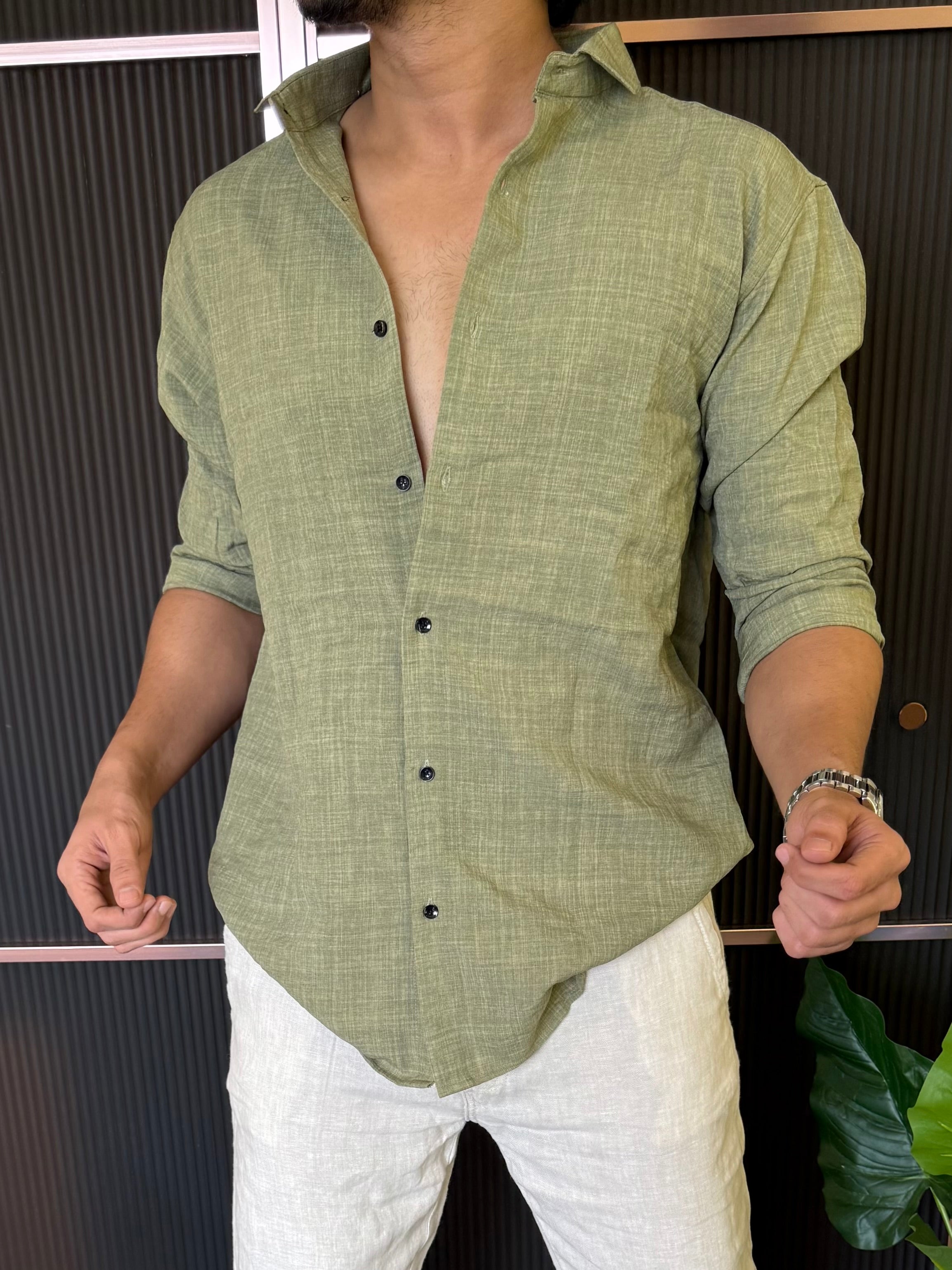 Soft linen Green Full Shirt