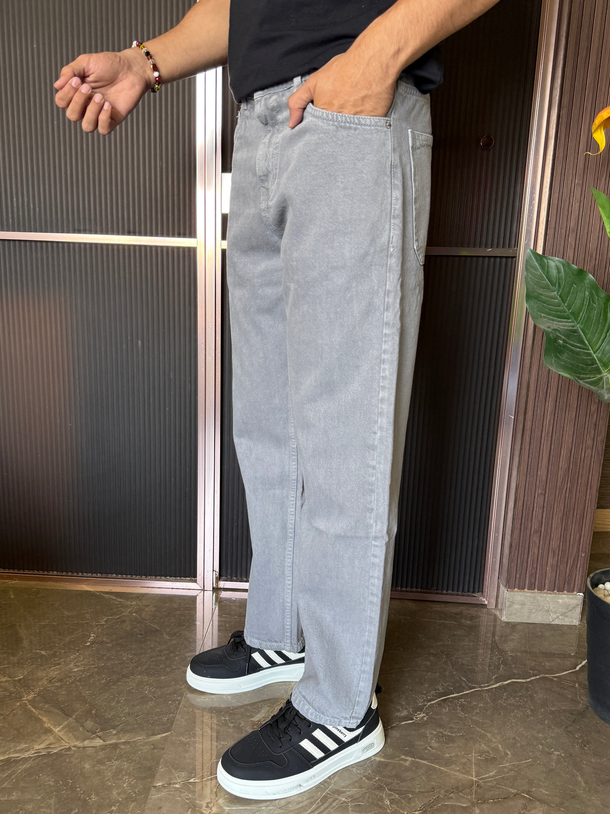 Elastic Waist Baggy Light Grey Jeans